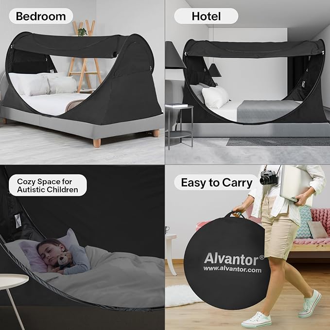 Alvantor® Pop Up Bed Tent Full No Assembly, Full Size Bed Canopy Blackout and Breathable Mesh Sleeping Tent Lightweight Portable Dream Tent with Carry Bag Dream Tent for Kids and Adults- Black