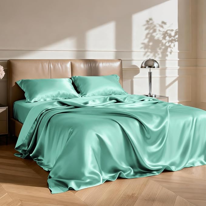 Love's cabin Full Satin Bed Linen Set, 4 Piece, Aqua, Silky Soft, Luxury Feeling, Wrinkle Resistant, Deep Pockets, Fitted & Flat Sheets, 2 Pillowcases
