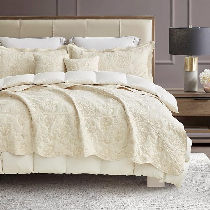 HZ & HY Oversized King Bedspread, Quilted Coverlet Bedding Set, Lightweight Thin Comforter, Reversible, Luxurious, 5 Piece, 100% Microfiber, Ivory Yellow