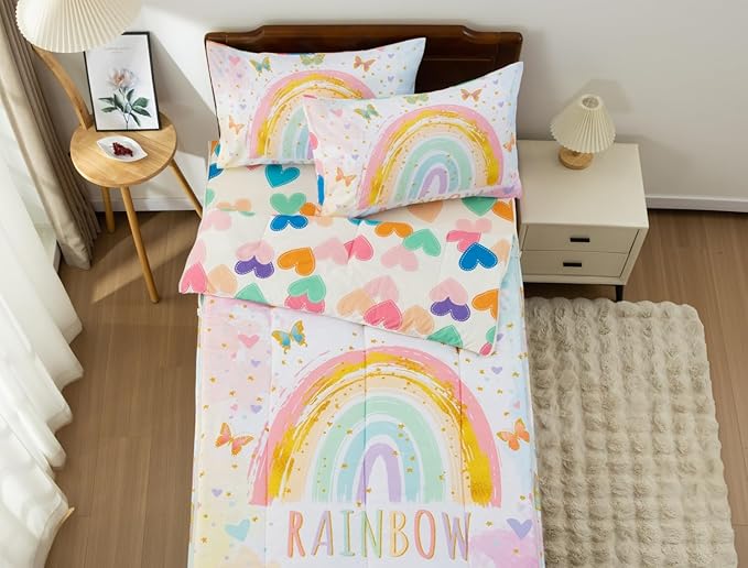 Meeting Story 3pcs Kids Comforter Set Zipper Bedding Set for Girls,Twin Kid Bedding Rainbow Comforter Butterfly Bedding Set for Kid（Yellow,Twin）