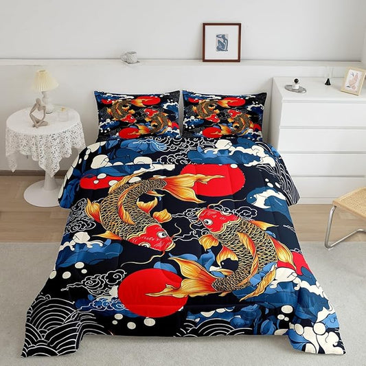 Feelyou Japanese Style Bedding Set Japanese Ukiyoe Fish Comforter Set for Kids Boys Girls Teens Decor Ocean Surfing Koi Comforter Exotic Quilt Set for All Season 3Pcs Queen Size with 2 Pillow Case