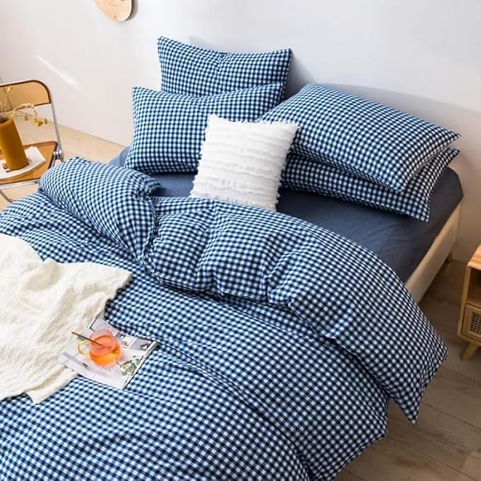 LifeTB Queen Comforter Set Royal Blue Gingham Bedding Comforter Modern Style Blue Grid Plaid Comforter Set 3 Pieces Fluffy Checkered Comforter with 2 Pillowcases Breathable Gingham Bedding Set