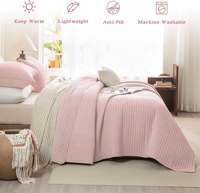 CozyTide Oversized King Bedspread 128"x120",Stone-Washed Cotton Blush Pink Oversized King Quilt Bedding Set,3 Pieces Lightweight Extra Large Farmhouse Boho Bedspread & Coverlet Sets Soft