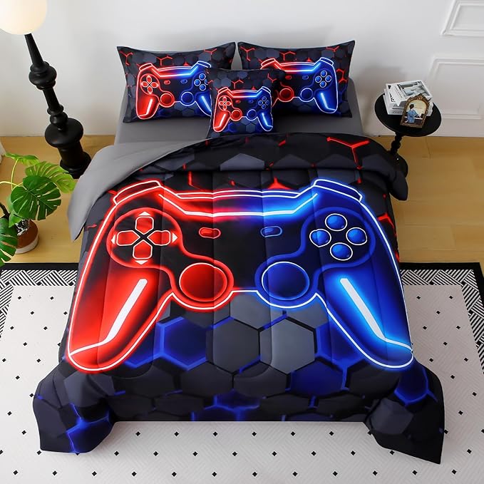 JQinHome Queen Gaming Bedding Set 6-Piece Comforter for Kids Teens - 3D Video Game Console Print Bed in a Bag with Ultra-Soft Fluffy Sheets, Red-Blue Unisex Design (Queen)