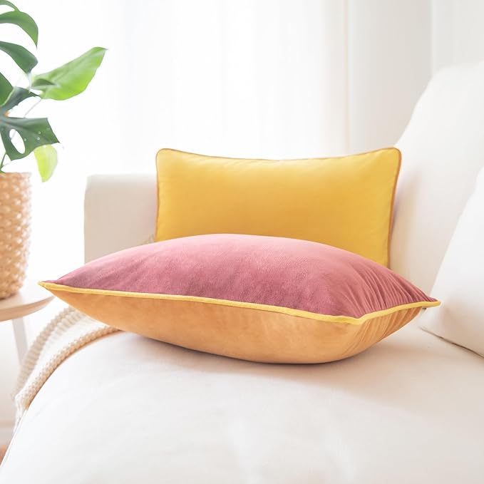 MONDAY MOOSE Decorative Throw Pillow Covers Cushion Cases, Set of 2 Soft Velvet Modern Double-Sided Designs, Mix and Match for Home Decor, Pillow Inserts Not Included (12x20 inch, Yellow/Pink)