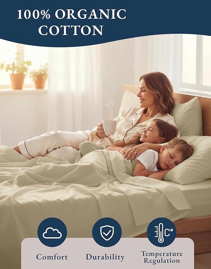 LANE LINEN 100% Organic Cotton Bed Sheets King Size, Fully Elasticized Reinforsed Seams in Fitted Pocket, Machine Washable Naturally Cooling All Season King Sheet Deep Pocket Bedding- Linen