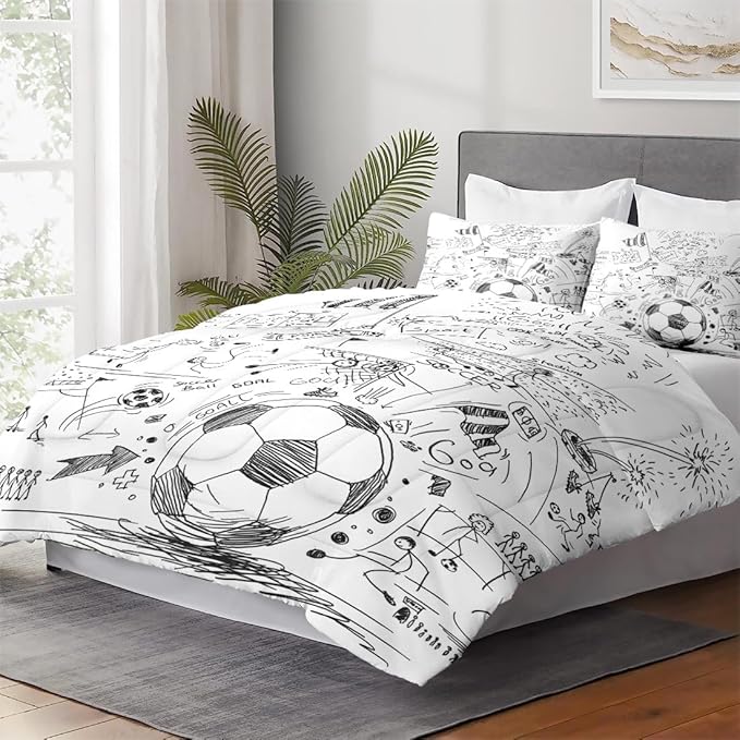 Full Size Comforter Set with 2 Pillowcases, Game Painting Ball Cup Soccer Soft 3 Pcs Bedding for Kids and Adults Bedroom Bed Decor