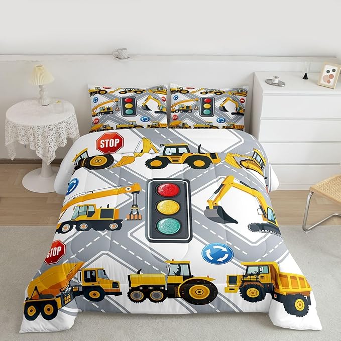 Cartoon Construction Excavator Bedding Set for Kids Boys Children Vehicles Truck Car Comforter Decor Machinery Bulldozer Crane Style Comforter Set Nursery Duvet Set Queen Size Bedspreads Coverlet Sets