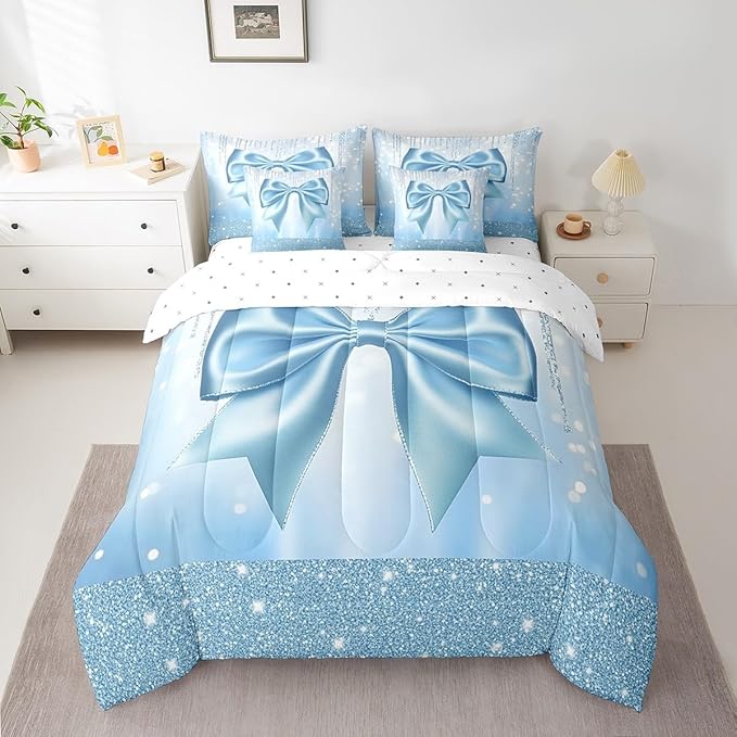 Feelyou Kids Cute Bowknot 7 Pieces Bedding Set Queen Size, Dreamy Princess Comforter Set with Sheets Boys Girls Glitter Bed in A Bag Blue Bow Teens Bed Set Bedroom Decor 7Pcs
