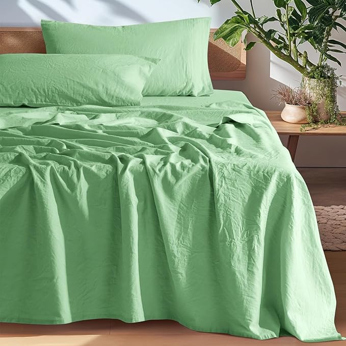 SONORO KATE 100% French Pure Linen Sheets, Breathable and Durable Linen Sheets, Anti-Tear Linen Bed Sheets, Machine Washable, 16 Inch Deep Pocket - 4 Piece (Green, California King)