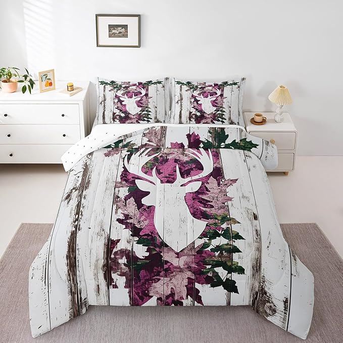 Feelyou Deer Hunting Comforter Size Pink Camo Deer Bedding Set Boys Girls Deer Antlers Army Camouflage Comforter Western Duvet Insert with 1 Pillow Case