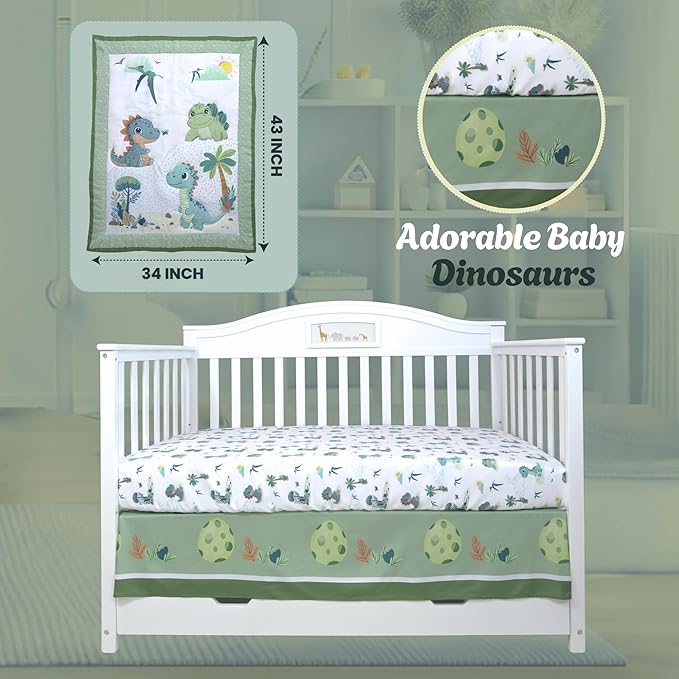 TrenD'lay 4 Piece - Includes Comforter, Fitted sheet, Crib skirt and Bib. Unisex Baby Dinosaurs Crib bedding set for Boys or Girls. Crib Comforter set for Newborn and Baby Nursery Decor. Baby Bedding.