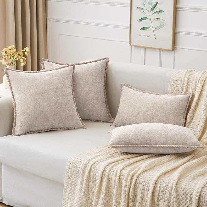 MIULEE Pack of 2 Couch Throw Pillow Covers 18x18 Inch Natural Beige Farmhouse Decorative Pillow Covers with Stitched Edge Soft Chenille Solid Dyed Pillow Covers for Sofa Bed Living Room