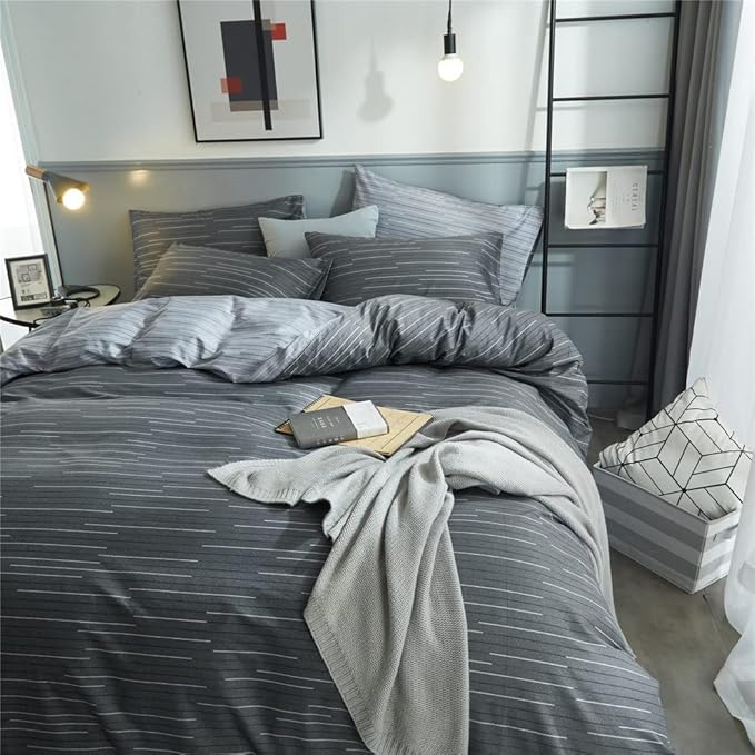 Grey Stripe Duvet Cover King Cotton Bedding Sets Geometric Stripe Comforter Cover Modern Style Masculine Bedding Sets for Men Boy Teen Luxury Soft Stripe Bedding Duvet Cover King Size