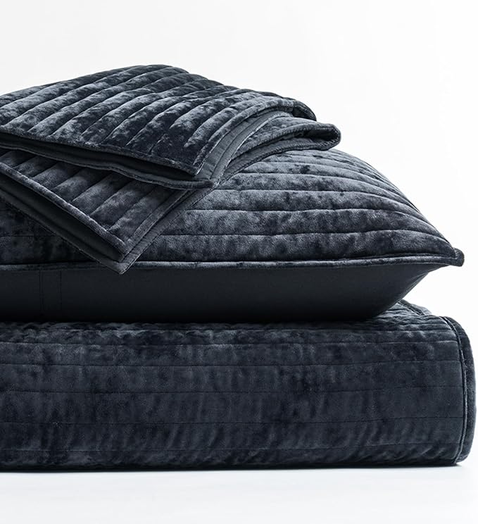 EVERGRACE Velvet Quilt Set Queen Size, Luxurious Soft Striped Channel Bedding Set, Lightweight Velvet Comforter for All Season, Oversized Bedspread Coverlet with 2 Matching Shams, Black