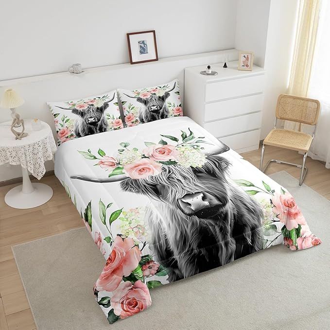 Feelyou Highland Cow Bedding Set Kids Rose Floral Bull Cattle Comforter Set for Girls Teens Western Wildlife Animal Comforter Farmhouse Duvet Set Room Decor Quilt Set Twin Size