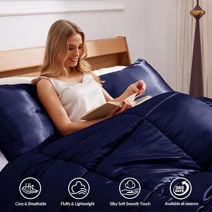 Whale Flotilla 3-Piece Reversible Silky Soft King Size Comforter Bedding Set, Luxurious Satin Comforters Oversized with 2 Satin Pillowcases, Lightweight Duvet for All Seasons, Navy