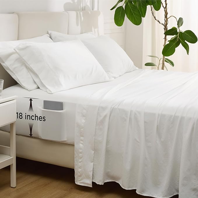 Bedsure Deep Pocket Queen Sheets - 6 Piece, Prewashed Ultra-Soft Queen Sheet Set, Fits Mattresses Up to 18 Inches Thick, Breathable & Secure Fit, Hotel Luxury Bedding, White