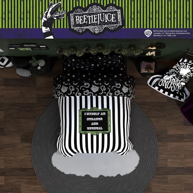 Franco Collectibles Beetlejuice Halloween Striped Bedding 5 Piece Super Soft Reversible Comforter and Sheet Set, Full, (Officially Licensed Product)