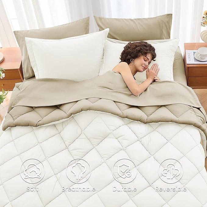MUXHOMO 5 Pieces Twin XL Comforter Set, Reversible Bed in a Bag Twin XL Size, All Season Bedding Set with Comforter, Flat Sheet, Fitted Sheet, Pillowcases & Shams, Ivory & Khaki