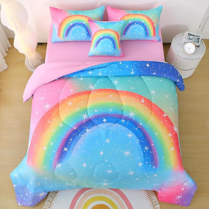 JQinHome Girls Comforter Set Queen, 6 Piece Bed in A Bag 3D Colorful Rainbow Bedding Sets for Teen Girls,with Sheet Sets (Rainbow)