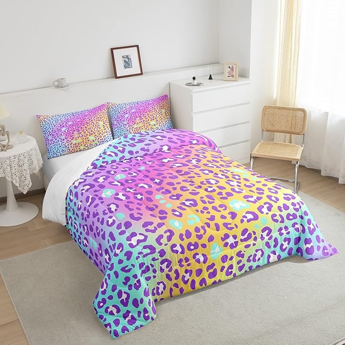 Girls Colorful Leopard Comforter Women Cheetah Print Bedding Set Girly Modern Leopard Print Comforter Set for All Seasons Kids Boys Safari Animal Print Quilt Duvet Set Room Decor Full Size Boys