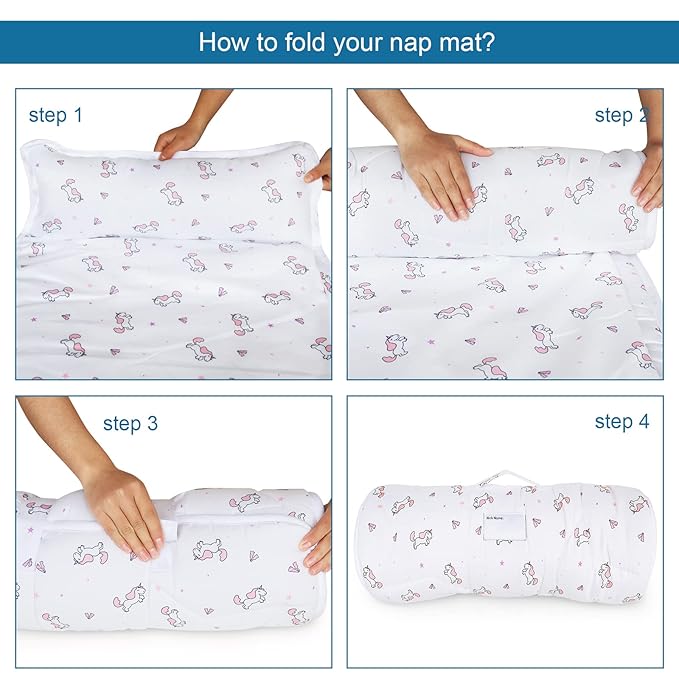 Toddler Nap Mat with Blanket 50" x 21" x 1.5", Nap Mat for Boys Girls Super Soft and Cozy, Kids Sleeping Bag for Preschool, Daycare, Toddler Sleeping Bag, White Horse