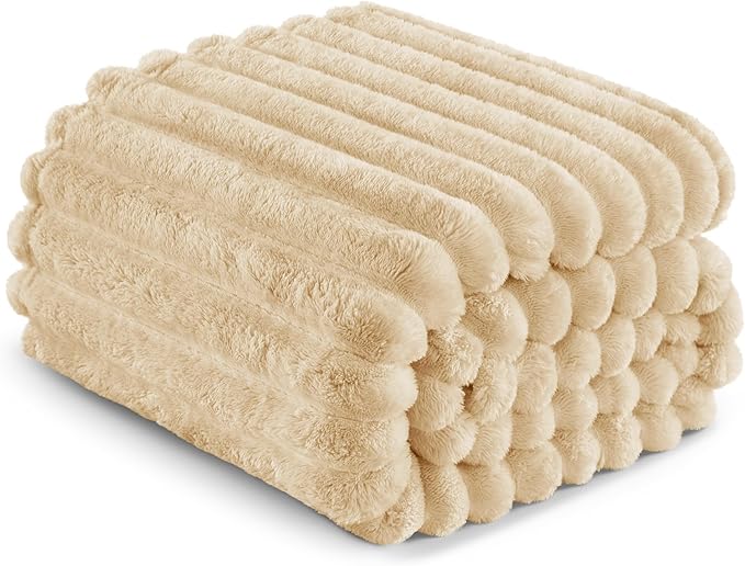Exclusivo Mezcla King Size Flannel Fleece Blanket, Super Soft Striped Jacquard Bed Blanket, Lightweight Fuzzy Cozy for All Seasons, 90x104 Inches, Beige