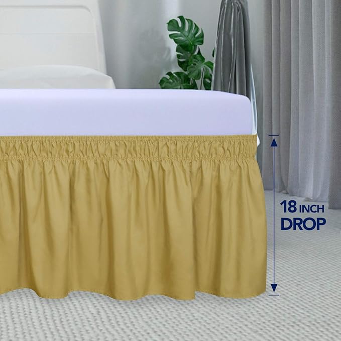 PureFit Wrap Around Ruffled Bed Skirt with Adjustable Elastic Belt - 18 Inch Drop Easy to Put On, Wrinkle Free Bedskirt Dust Ruffles, Bed Frame Cover for Queen, King and C-King Size Beds, Gold