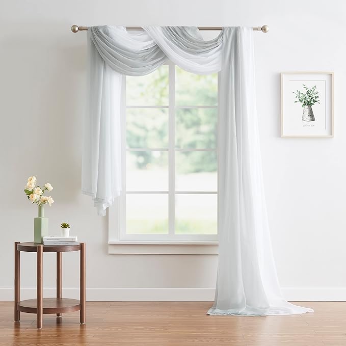 WARM HOME DESIGNS Double Window Scarves Bundle. Each White & Gray Silver Window Scarf Valance is 55" x 144". Great for Grey Room Decor, as Canopy Bed Curtains or Draping Fabric. AS White & Silver 144"