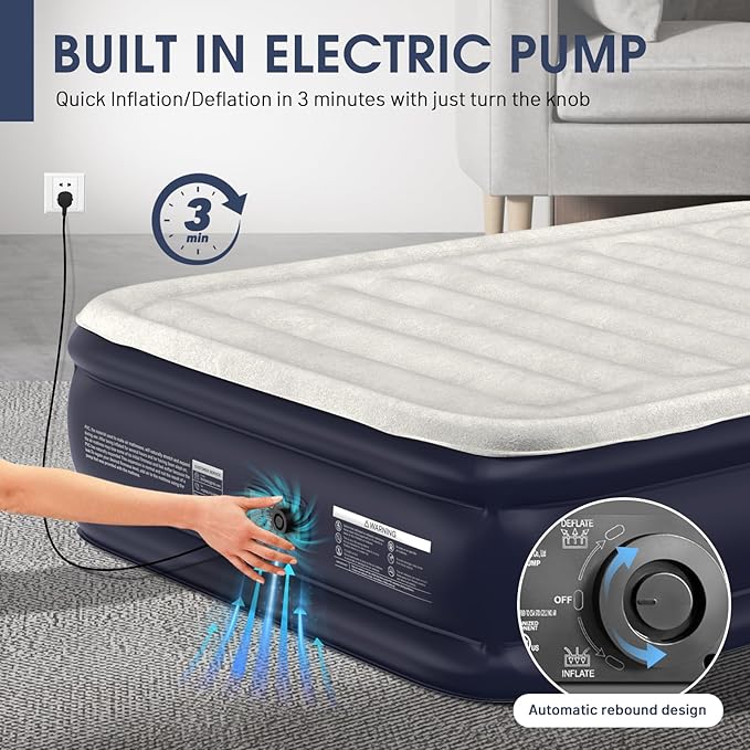 Air Mattress Full with Built in Pump,18''Raised Blow Up Mattress 2 Mins Self-Inflation/Deflation,Upgraded Thicker Inflatable Mattress，Air Bed with Storage Bag for Guests,Home，Camping，660 lbs Max