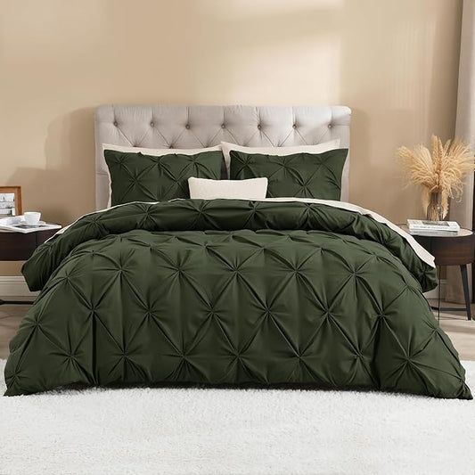 Litanika Olive Green Pinch Pleat Duvet Cover King, 3 Pieces Pintuck Soft Microfiber Bedding Set with Zipper Closure & Corner Ties(104x90Inch-1 Duvet Cover, 2 Pillowcases)