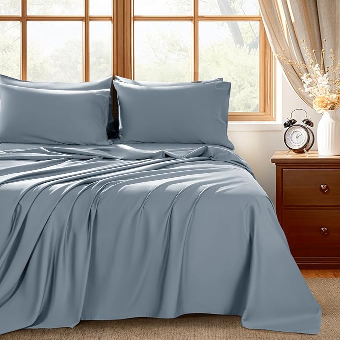 Shilucheng 100% Egyptian Cotton Queen Size Sheets Set - 1000 Thread Count，Luxury Cotton Bed Sheets，Breathable & Cooling Bedding and Pillow Cases, 16 Inch Deep Pocket - 6 Piece (French Blue, Queen)