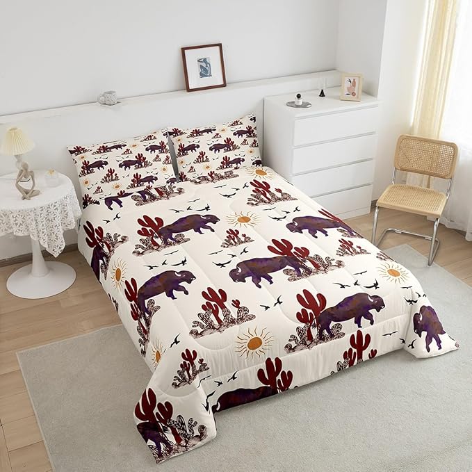 Buffalo Ranch North American Bisons Comforter Twin Size Western Bisons Bedding Sets Rustic Country Cabin Southwestern Animal Comforter Set for Kids Boys Girls Brown Cream Farmhouse Down Comforter