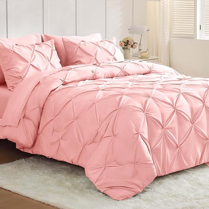 JOLLYVOGUE Twin Comforter Set 5 Pieces - Bed in a Bag Twin for All Season, Pintuck Bedding Comforter Sets with Comforter, Flat Sheet, Fitted Sheet and Pillowcases & Shams, Pink