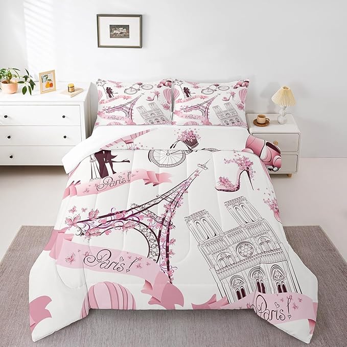 Paris Eiffel Tower Bedding Set for Girls Kids Couple Lover Romantic French Comforter Trip Design Comforter Set Pink White Room Decor Famous Cityscape Duvet Set Twin Size Bedspreads Coverlet Sets Boys