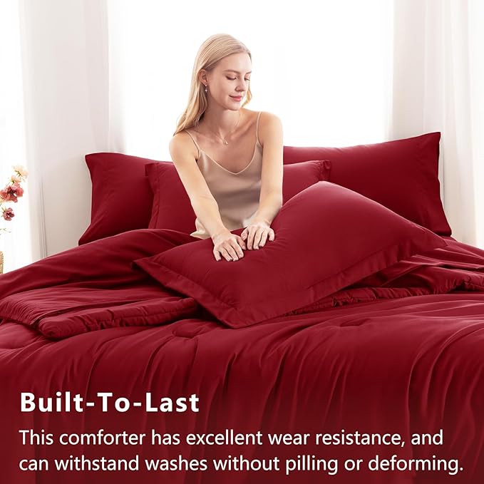 CozyLux Queen Comforter Set Dark Red, 7 Pieces Bed in a Bag Queen Size Comforter Set with Sheets, Bedding Sets with Down Alternative Comforter, Fitted Sheets, Flat Sheets, Pillow Shams and Pillowcases
