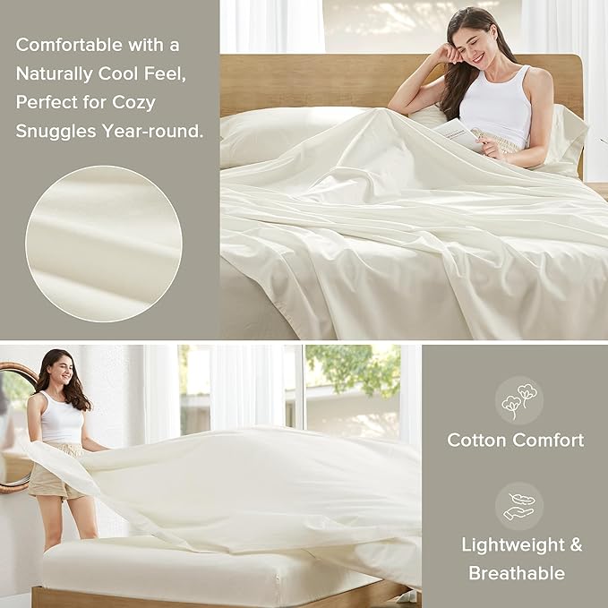 Comfort Spaces 100% Cotton Sheets Full, Breathable & Ultra Soft Cotton Sheets, Naturally Cool Cotton Bed Sheets with 14" Elastic Pocket Fits up to 16" Mattress, All Season Sheet Set, Ivory 4 Piece
