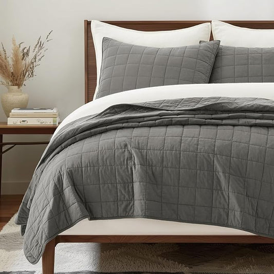 EVERGRACEHOME 100% Cotton Box Stitch Quilt Bedding Set Queen Size 3 Pieces, Garment-Washed Lightweight Soft Cozy Coverlet, Quilted Bedspread Sets with 2 Shams for All Season, Dark Gull Gray