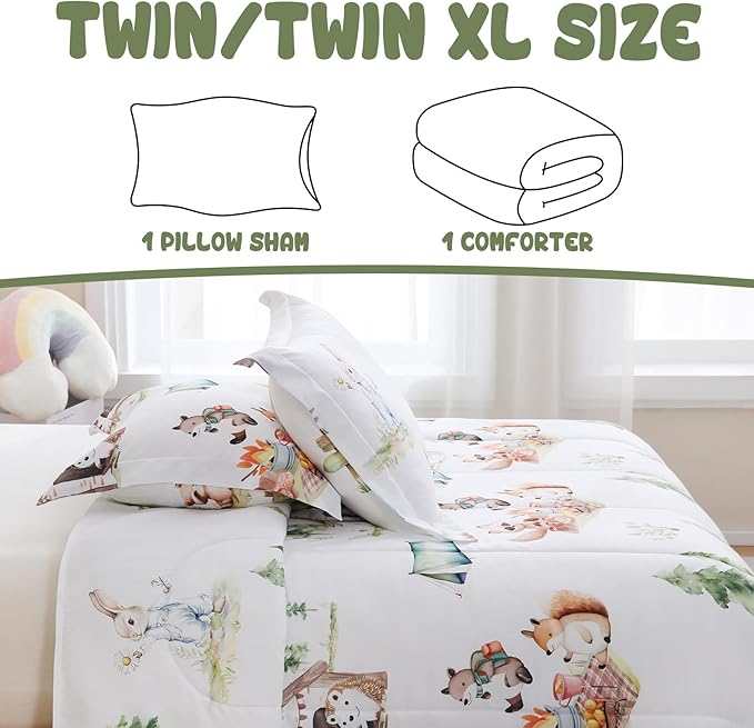 Yibeizi Camper Themed Comforter Set Twin, Kids Woodland Animals Printed Bedding Set with Pillow Sham, Cute Lightweight Soft Breathable Machine Washable Quilted Bed Comforter Set 2 Piece