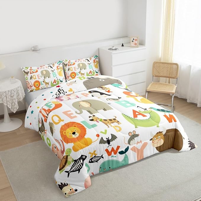 Feelyou Kids Cartoon Wild Animals Bedding Set for Girls Boys Nursery Letter Comforter DecorWildlife Decor Comforter Set Nature Vibrant Colorful Duvet Set Twin Size Quilt Boys