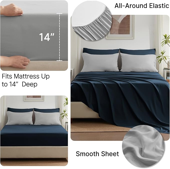 Anluoer Queen Comforter Set 7 Piece, Reversible Bed in a Bag Queen Size, Lightweight Bedding Set with 1 Comforter(88"*88"), 2 Pillow Shams, 2 Pillowcases, 1 Flat Sheet, 1 Fitted Sheet, Navy & Grey