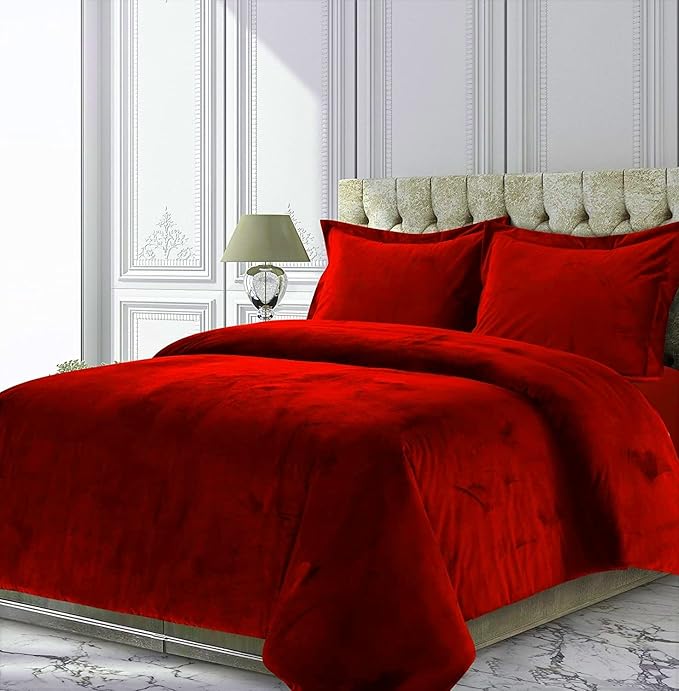 Red 3 Pieces Velvet Comforter Set Twin Size (Comforter + 2 Pillowcases) Crinkle Crushed 400 GSM