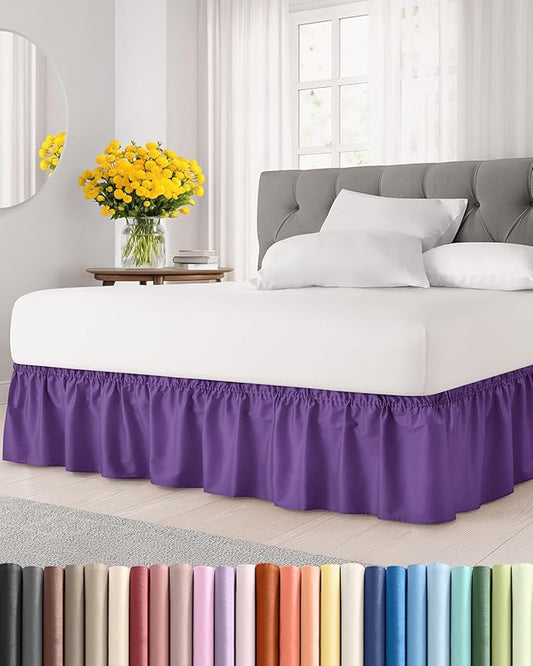 Wrap Around Dust Ruffle Bed Skirt - Purple - for King Size Beds with 15 Inch Drop - Easy Fit Elastic Strap - Adjustable Pleated Bedskirt w/Brushed Fabric - Wrinkle Free - for Women, Men, Kids & Teens