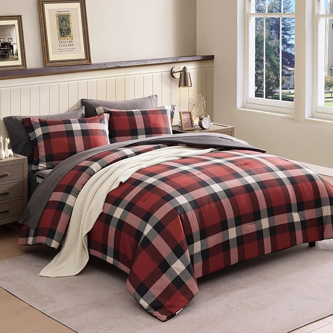 Full Size Comforter Set, Red Plaid Bedding Set 7 Pieces for Boys Girls, Classic Checkered All Season Bed in a Bag for Dorm with Sheets, Pillowcases & Shams