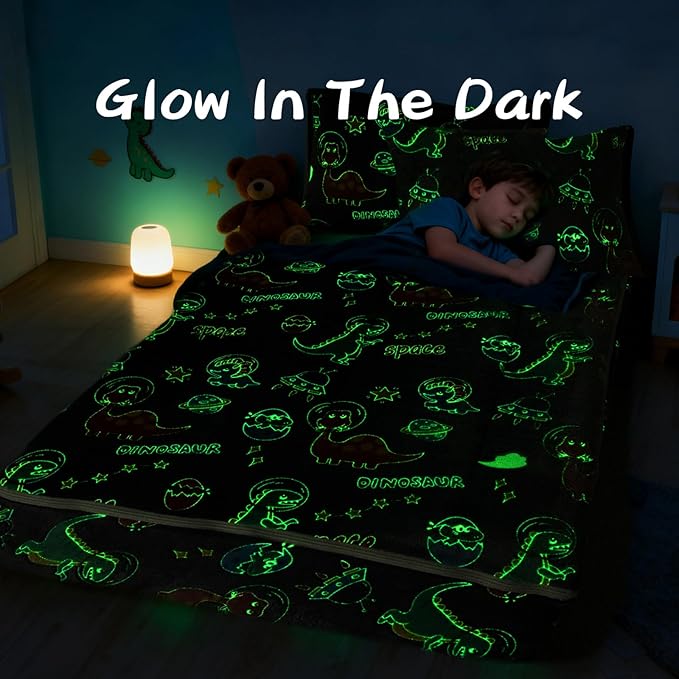 A Nice Night Dinosaur Printed Plush Zippered Comforter Set,Zipper Bedding Glow in The Dark for Child, Galaxy Theme,Twin