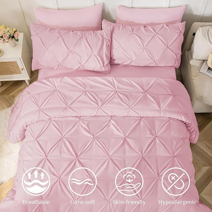 JOLLYVOGUE Queen Comforter Set 7 Pieces - Bed in a Bag Queen for All Season, Pintuck Bedding Comforter Sets with Comforter, Flat Sheet, Fitted Sheet and Pillowcases & Shams, Baby Pink
