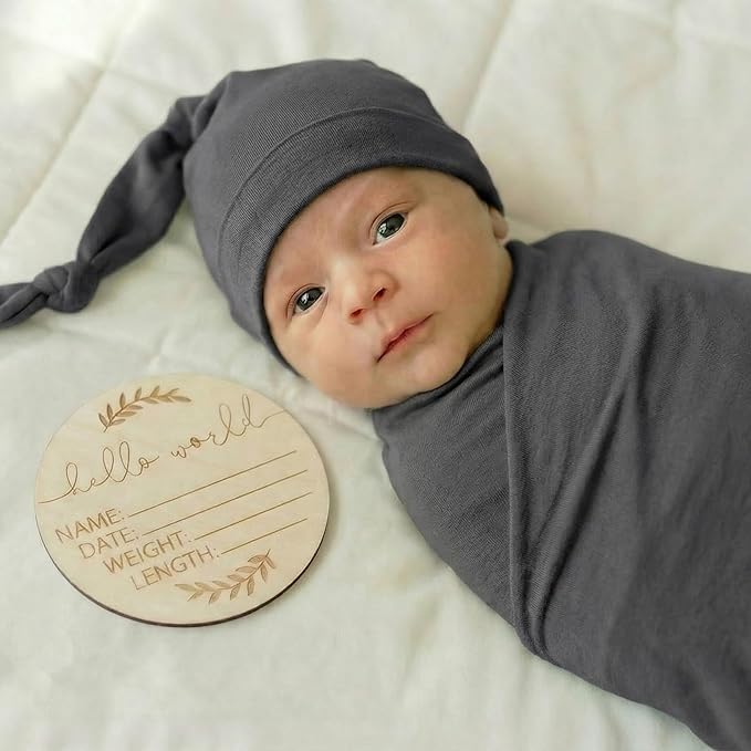 Large Jersey Knitted Swaddle Blanket for Baby, Soft Stretchy Receiving Blanket for Newborns with Hat, Baby Nursery Swaddle 47 x 47 inches(Iron)