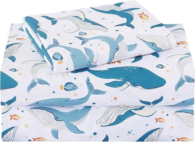 Kids Sheet Set Twin Size, Twin Sheet Set with Marine Whales Pattern，Breathable Silky Soft Microfiber Kids Fitted Sheet