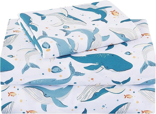 Kids Sheet Set Twin Size, Twin Sheet Set with Marine Whales Pattern，Breathable Silky Soft Microfiber Kids Fitted Sheet